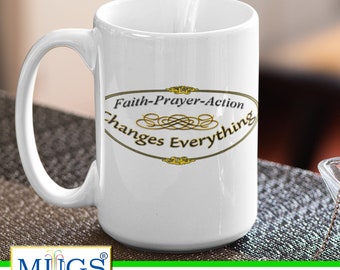 Mug Foi + Prière + Action qui change tout, cadeau chrétien, cadeau de motivation, tasse à café inspirante, tasse amoureux des fleurs, tasse marguerite