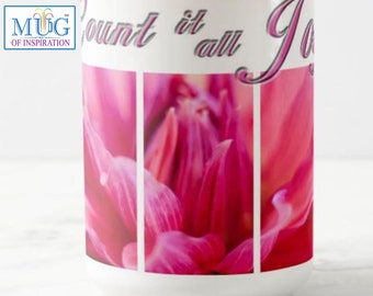 Belle 15 oz. Mug avec écriture biblique « Comptez tout, joie ! » et belle photo d'art. Boutique appartenant à des noirs. « Offrez un cadeau inspirant »