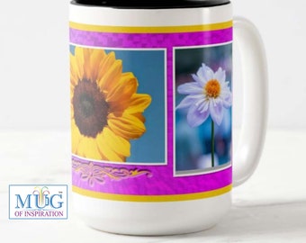 Belle 15 oz. Mug avec belle photo d'art représentant un tournesol, un dahlia et une marguerite. Boutique appartenant à des Noirs.