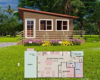 HOUSE PLAN 201025/Tiny house/ 1 bedroom/ 1 bathroom/ pdf floor plan/ instant download/ CUSTOM plans/ service