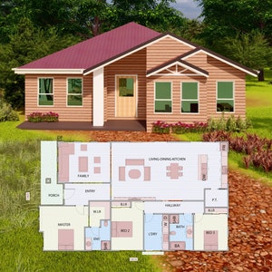 PLAN DE MAISON 201003/ maison de plain-pied/ 3 chambres/ 2 salles de bains/ plan d'étage pdf/ téléchargement instantané/ plans PERSONNALISÉS/ service