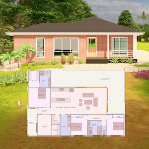 HOUSE PLAN 201008/ single story house /3 bedrooms/ 2 bathrooms/ study room / pdf floor plan/ instant download/ CUSTOM plans/ service