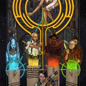 Könnte beinhalten: Ein digitaler Kunstdruck mit einer Gruppe von Charakteren aus dem Science-Fiction-Film "Das fünfte Element". Die Charaktere stehen vor einem leuchtenden, gelben, kreisförmigen Symbol. Die Charaktere sind von einem dunklen, sternenübersäten Hintergrund umgeben.