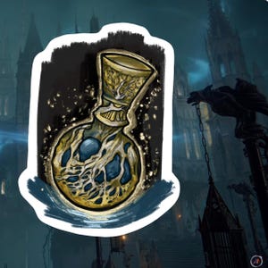 May include: A gold and blue glass bottle with a tree-like design. The bottle is surrounded by a swirling blue and white background.