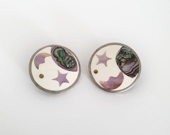 VINTAGE CLIP EARRINGS, Moon mountains and stars, Alpaca Mexico, Alpaca silver