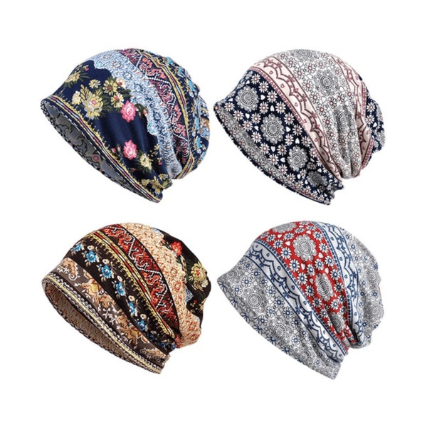 4 PCS Chemo Headwear Beanie Yoga Running Hat Super Soft Cotton Headwear Floral Cap Hat Multifunction Headwear Slouch - for Men Women -BA04DS