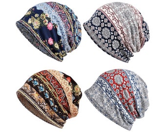 4 PCS Chemo Headwear Beanie Yoga Running Hat Super Soft Cotton Headwear Floral Cap Hat Multifunction Headwear Slouch - for Men Women -BA04DS