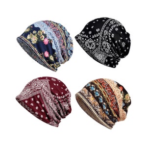 4 PCS Chemo Headwear Beanie Yoga Running Hat Super Soft Cotton Headwear Floral Cap Hat Multifunction Headwear Slouch - for Men Women -BA04-1