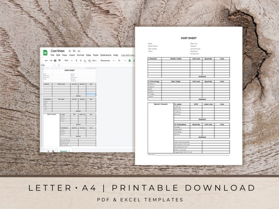COST Sheet Template A4 US Letter Instant PDF Excel Download