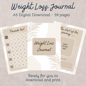 Puede incluir: Un diario digital de pérdida de peso con un diseño beige y blanco. El diario incluye páginas para el seguimiento de la pérdida de peso, con espacio para insertar fotos y escribir el motivo. El texto del diario dice "Weight Loss Journal" y "Pounds lost".