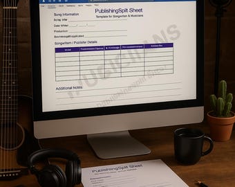 May include: A computer screen shows a "PublishingSpilt Sheet" template for songwriters and musicians. A printed form, a keyboard, headphones, a guitar, and a microphone are on a wooden desk. A black mug is also present.