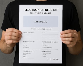 May include: A white Electronic Press Kit template for musicians and bands, held by a person. The document includes sections for artist/band information, tagline, music and performance highlights, and contact details. The text is in black.