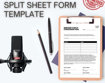 May include: A songwriter's split sheet form template with a microphone, pen, and pencil on a light blue background. The form includes sections for writers, splits, and signatures. The text on the form reads "Writer's Split Confirmation".