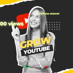May include: Graphic promoting YouTube channel growth, featuring a woman pointing upwards. Text includes "1,00,000 views," "Grow YouTube Channel," and "Business channel." The background is black and yellow with geometric shapes and social media icons.