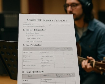 May include: A budget template for an album or EP, with sections for project information, pre-production, and post-production. The document includes fields for estimated and actual costs, and is held in front of a person playing a guitar.