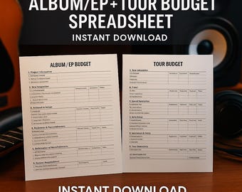 以下が含まれることがあります： 木製の表面に表示された「ALBUM/EP + TOUR BUDGET SPREADSHEET」と「INSTANT DOWNLOAD」というタイトルの2つの白いスプレッドシート。 スプレッドシートには、プロジェクト情報、新しい組み込み、ツアー予算の詳細など、さまざまなセクションが含まれています。 テキスト「INSTANT DOWNLOAD」も一番下にあります。