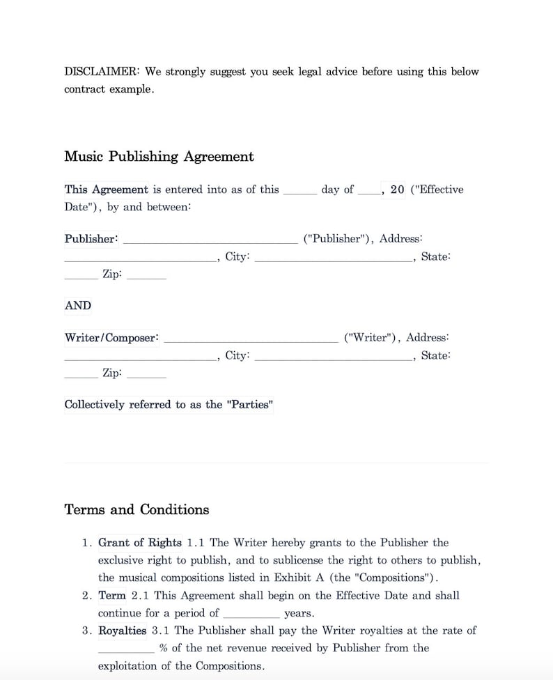Music Publishing Contract Template Legal Guide (PDF Download) Etsy