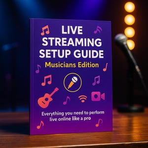 May include: A purple and orange book titled "LIVE STREAMING SETUP GUIDE Musicians Edition." The cover features musical notes, a microphone icon, and a guitar illustration. The text reads "Everything you need to perform live online like a pro."