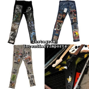 Puede incluir: Se muestran cuatro art&iacute;culos: tres pares de vaqueros y una guitarra. Los vaqueros est&aacute;n muy parcheados con gr&aacute;ficos y texto. Un par es negro, otro azul y otro beige. Una guitarra negra en forma de V est&aacute; en un estuche. El nombre de Instagram "IncendiaryImports" es visible.