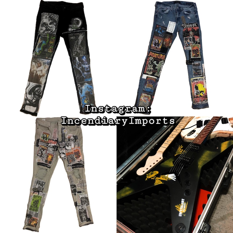 Puede incluir: Se muestran cuatro art&iacute;culos: tres pares de vaqueros y una guitarra. Los vaqueros est&aacute;n muy parcheados con gr&aacute;ficos y texto. Un par es negro, otro azul y otro beige. Una guitarra negra en forma de V est&aacute; en un estuche. El nombre de Instagram "IncendiaryImports" es visible.