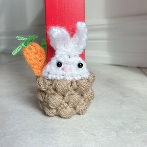 Könnte beinhalten: Ein weißer Häkelhase mit schwarzen Augen und einer rosa Nase sitzt in einem braunen Häkelkorb mit einer grün-orangen Häkelkarotte, die oben herausragt.
