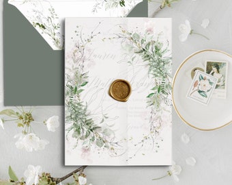 Vellum Jacket Printable Greenery Vellum wrap Instant Download Vellum 5x7 Template DIY Wedding Invitations Sage Green Botanical Vellum Invite