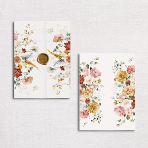 Puede incluir: Dos invitaciones de boda florales con flores de acuarela en tonos rosa, amarillo y rojo. Una invitación tiene un sello de cera dorado. Las invitaciones están sobre un fondo blanco.