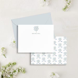 Gepersonaliseerde bloemen toile blauw briefpapier, chinoiserie-tuinkaartset, Grand Millennial-aquarel, aangepaste cadeaukaart cadeaukaart