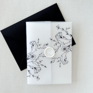 Klassische schwarze Pergaminjacke 5 x 7 Pergamentverpackungs-Hochzeits-Einladung Florale Pergamentjacke Blumen-botanische Verpackung DIY Einladung gefütterte Umschläge