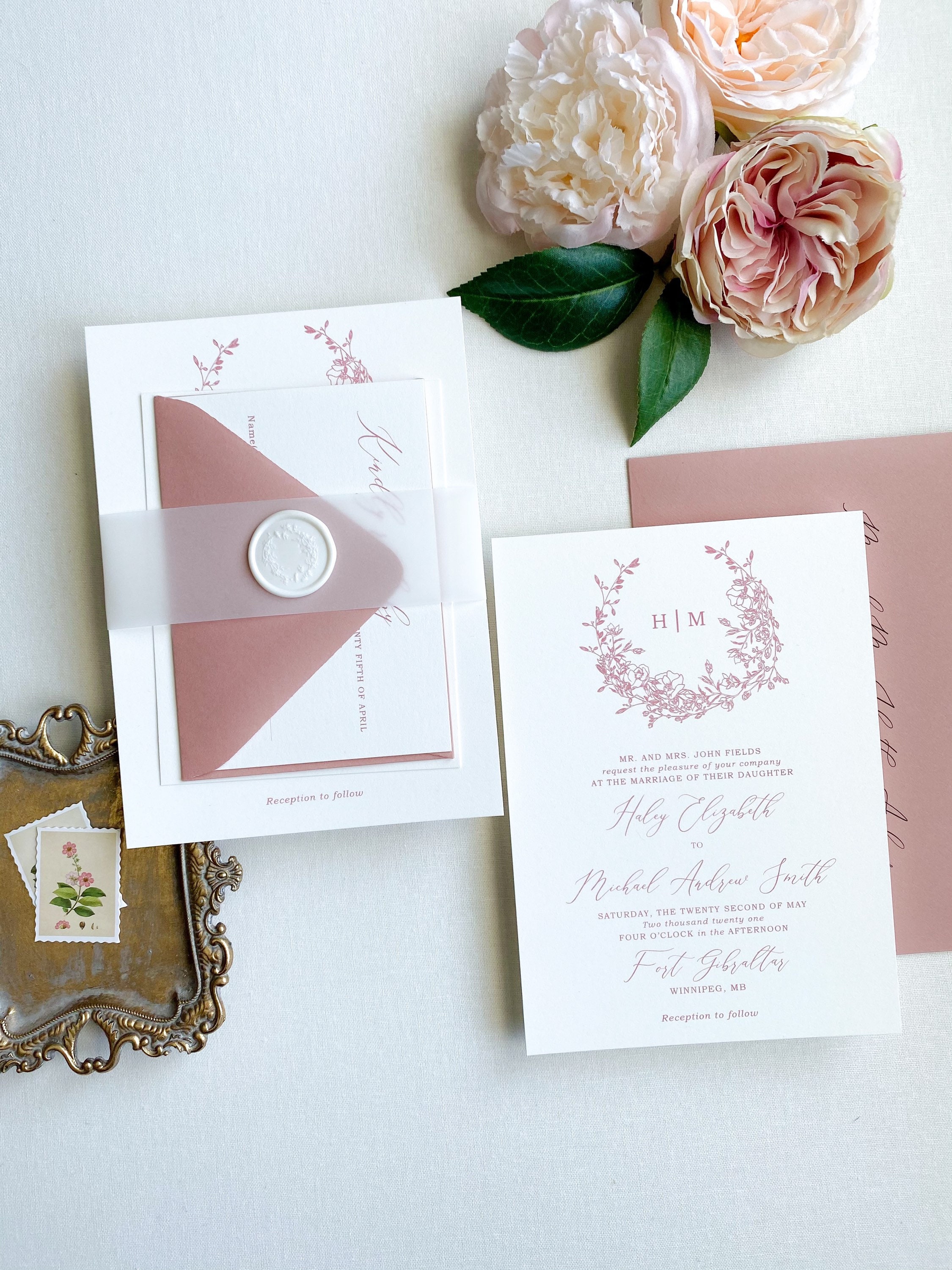 Dusty Rose Botanical Vellum Wedding Invitation Suite - Cotton Willow Design  Co.