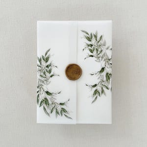 Printed Vellum Jacket, Vellum Wrap suitable for a 5 x 7 Wedding Invitation, Greenery Wedding Invitation Vellum Jacket, Green Vellum Wax seal