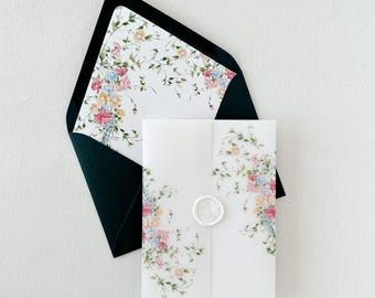 Vellum Jacket Floral Blush Pink and Blue Vellum Jacket Wedding Invitation Summer Wedding Invitation Garden Floral Folded Wedding Invite Wrap