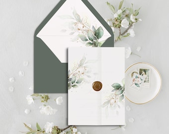 Greenery Vellum Wrap Printable Vellum Jacket Botanical Envelope Liner Insert Wedding Invitation Envelopes DIY Editable Template Euacalyptus