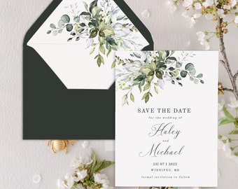 Groen Save the Date-sjabloon Download Eucalyptus Save the Date-uitnodiging afdrukbare sjabloon Instant Download bruiloft Save the Date 4 x 6 en 5 x 7
