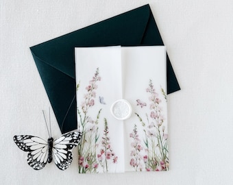 Wildflower Vellum Jacket Wedding Invitation | Butterflies, Spring Floral Wedding Invite Wrap Floral Pink  Vellum Wrap Elegant Flowers