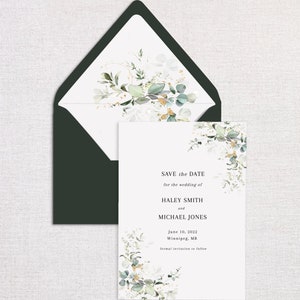 Plantilla editable para guardar la fecha Descargar invitación para guardar la fecha de boda con eucalipto, verde y dorado Tarjeta imprimible para guardar la fecha de boda