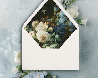 Vintage Floral envelope liner for diy wedding invitation envelope liner Fine art Moody Blue Flower Envelope Liner A7 Invitation Envelope