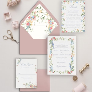 Watercolor Floral Wedding Invitation Suite, Floral Wedding Invitation Set, Traditional Modern Garden-Themed Invitation Suite, Vintage Floral