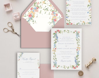Watercolor Floral Wedding Invitation Suite, Floral Wedding Invitation Set, Traditional Modern Garden-Themed Invitation Suite, Vintage Floral