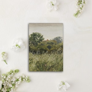 May include: A painting of a lush green landscape with a small house in the distance. The painting is done in a realistic style and features a variety of green hues.