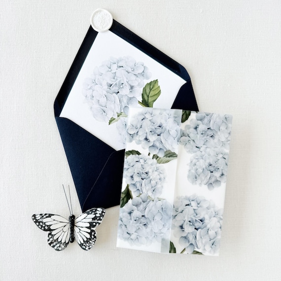 Hydrangea Vellum Jacket for Wedding Invitation | Vellum Wrap 5x7 Invitation | Blue Floral Invite Wrap | Blue Hydrangea Floral Vellum Jacket