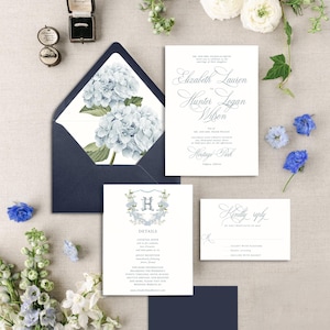 Hydrangea Wedding Invitation Suite Personalized French Blue Wildflower Wedding Invitation Blue Floral Botanical Wedding Invite Blue Flowers