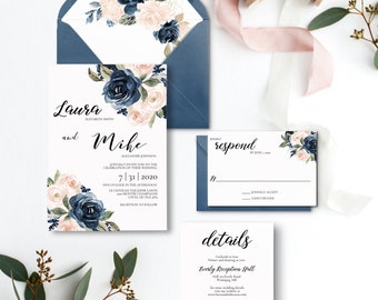 DRUCKBAR Navy und Blush Hochzeitseinladung, Floral Hochzeitseinladung, Navy Blush Hochzeitseinladung, SOFORTIGER DOWNLOAD, Bearbeitbar