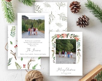 May include: Christmas cards with family photos and botanical designs. One card features a family photo with the text "Wishing you a wonderful holiday season filled with joy, laughter and love. With love, The Friesens." Other cards have floral and leaf patterns.