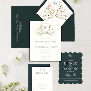 Modern Watercolor floral Wedding Invitation, Greenery Floral Crest Wedding Invitations, Romantic Wedding Invites, wavy wedding invitation
