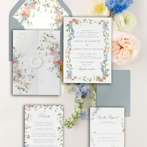 Elegante Aquarell-Wildblumen-Hochzeits-Einladungs-Reihe, Blumenhochzeits-Einladungs-Set, traditionelle moderne Garten-Themen-Einladungs-Reihe