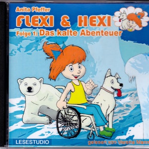 May include: A blue and white CD case with a picture of a girl in a wheelchair with a polar bear and a dog. The title of the CD is "Flexi & Hexi" and the subtitle is "Folge 1: Das kalte Abenteuer".