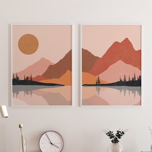 Mid Century Modern Sun Art Set of 2 Wall Art, Abstract Sun Wall Art Print, Boho Wall Art, Printable Art Print, Abstract Mountain Art.