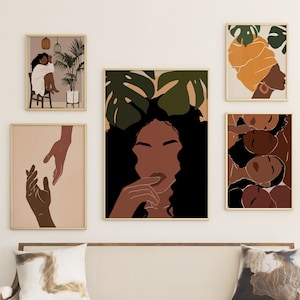Black Woman Art Set of 5 Prints, Gallery Wall Art, Black Girl Art Print, INSTANT DOWNLOAD, Poster Bundle, Woman Gallery Wall, Hand Art Print