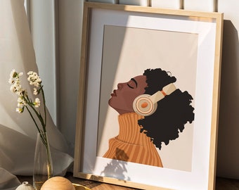Girl art, Black art, Black Woman Art, Melanin Art, African American Art, Music Art, Song Lover, Mid Century Modern Art, Black Girl Art.